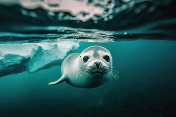 Fototapeta premium Seals Swimming Underneath Arctic Sea Ice in Submerged Environment Under water Seal swim beneath
