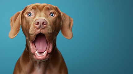 Funny surprised dog opening mouth wide with amazement on blue background