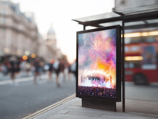 Outdoor billboard with a concert image in a bustling city. Represents advertising, public events, entertainment. Useful for marketing, promotions, urban themes.