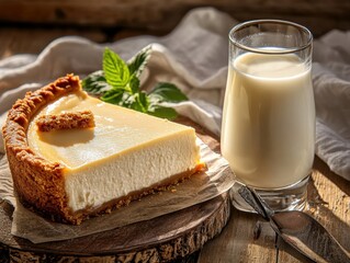 Creamy cheesecake slice served with fresh milk on a rustic wooden table