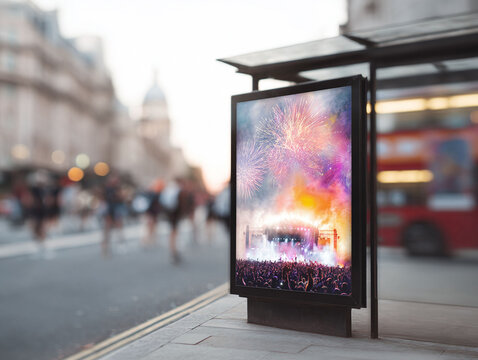 Outdoor billboard with a concert image in a bustling city. Represents advertising, public events, entertainment. Useful for marketing, promotions, urban themes.