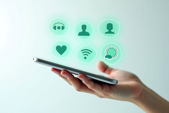 Hand holding smartphone with glowing social media icons floating above - Powered by Adobe
