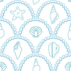 Seashell Scallop Seamless Pattern, Sketched Nautical Starfish Ornament, White and Blue Coastal Design for Fabric, Wallpaper, Cards, and Decor