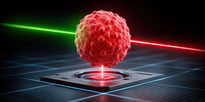 Scientific visualization of virus with red and green laser beams scanning spherical microscopic pathogen on futuristic digital platform, highlighting advanced technology and research