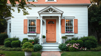 Obraz premium A serene cottage entrance featuring a peach door, vibrant floral borders, and manicured bushes—an inviting spring retreat surrounded by lush greenery and elegant window shutters in a storybook setting