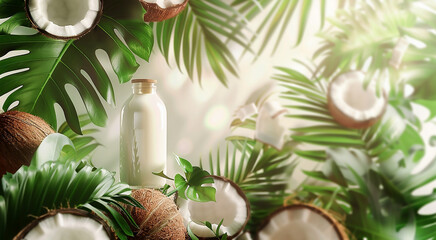 White coconut milk in a transparent bottle and natural brown coconuts on a background of green tropical leaves