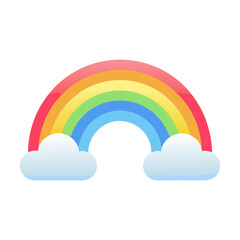 Fototapeta premium Colorful cartoon rainbow with fluffy clouds isolated on white background, cute vector illustration, cheerful weather icon