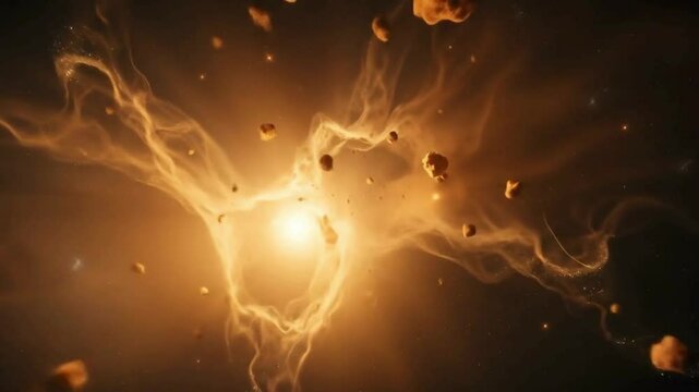 A dramatic, overhead bird's-eye view macro photograph of a nebula and galaxies. High contrast, low-key lighting,