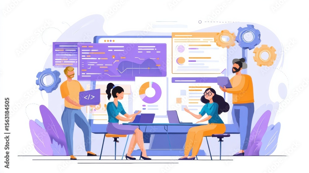Poster software development. technology analysis. programming teamwork, quality assurance. devops team, bet