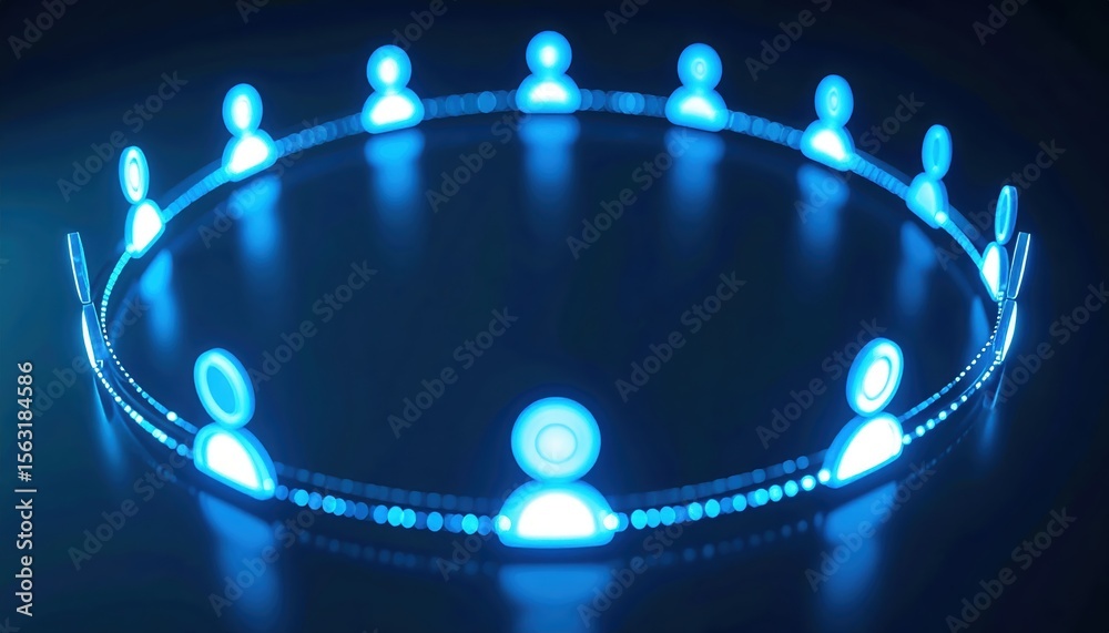 Poster high tech blue digital communication network with glowing user icons connected in a circular arrange