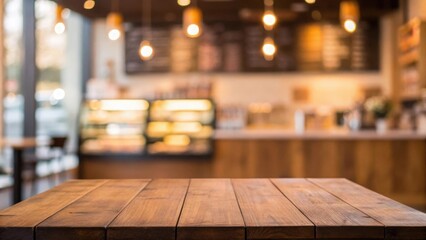Blurred coffee shop interior with warm lighting and empty wooden table in foreground
