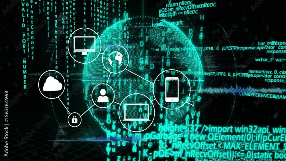 Poster grid opening earth rotating, padlock and user icons connecting globe, creating secure cloud network