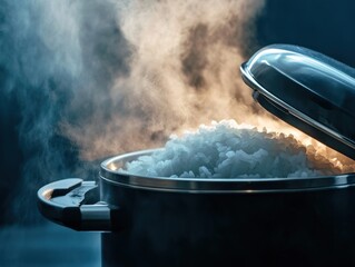 Close-up of a rice cooker steaming with fluffy white rice in a cozy kitchen setting during mealtime preparation