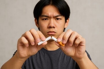 Young Asian man breaks cigarette in half with serious expression, promoting anti-smoking message and healthy lifestyle in close-up studio setting