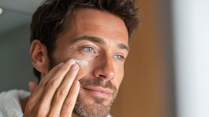 Obraz premium Young man applying cream on face indoors at home, morning or evening routine concept., no logos, no brands
