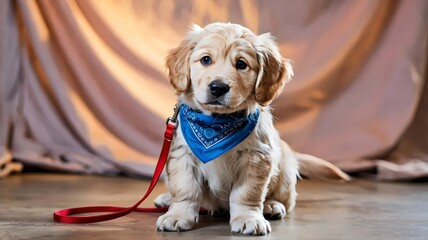 Golden retriever puppy with bandana and leash – Suitable for cheerful pet lifestyle promotions or puppy product features