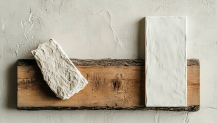 A rustic wooden plank displays two off-white objects