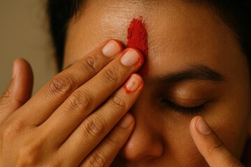 Close up of a South Asian woman applying red sindoor powder vertically on her forehead with her fingers during a traditional Hindu ritual or religious ceremony