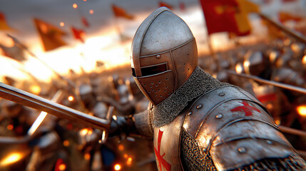 Medieval knights prepare for battle at sunset in a vast field