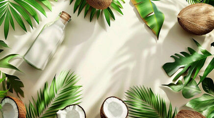 White coconut milk in a transparent bottle and natural brown coconuts on a background of green tropical leaves