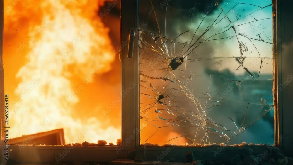 Poster a broken window with flames licking at the edges