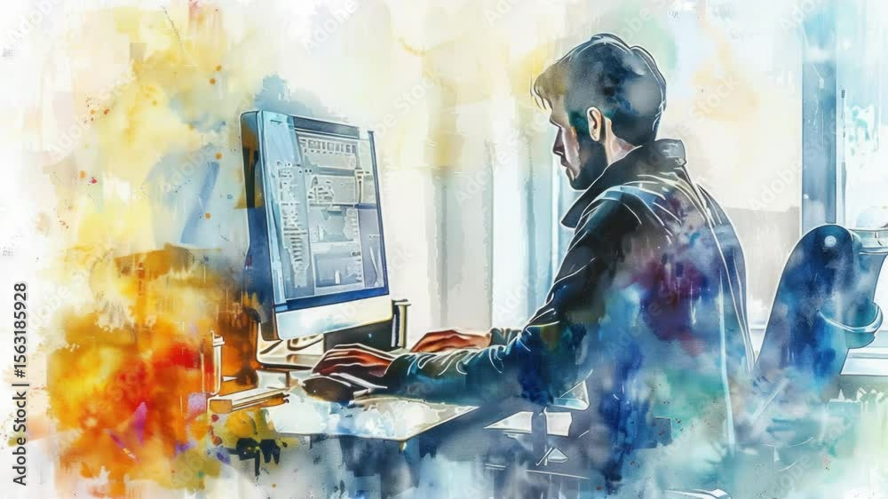 Aufkleber a person sitting in front of a computer on a desk, focused on work