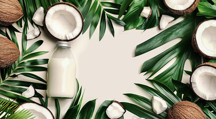 White coconut milk in a transparent bottle and natural brown coconuts on a background of green tropical leaves