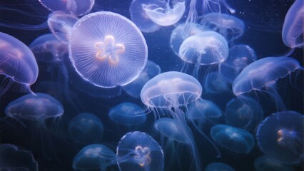 Obraz premium A mesmerizing underwater scene featuring numerous glowing jellyfish in various sizes and shapes.