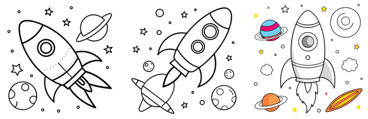Naklejka premium Rocket and Galaxy Coloring Page - Space Exploration Line Art for Kids and Adults