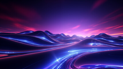 Dark blue alien fantasy landscape, on a dark background, color space, base, banner, without people, wavy mountains, ai