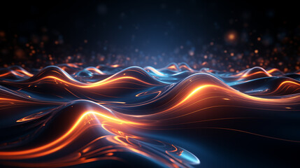 Dark blue and golden alien fantasy water, on a dark background, color space, banner, without people, waves, ai	
