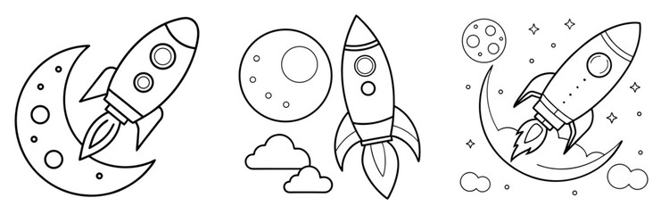 Naklejka premium Rocket Flies to the Moon Coloring Page - Space Adventure Line Art for Kids and Adults