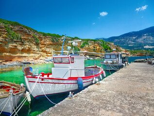 Fishing boats in port of Pessada village on Kefalonia island