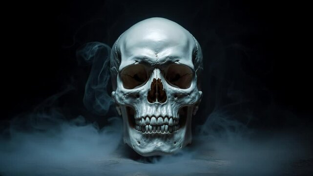 Realistic skull surrounded by swirling smoke against a dark background paranormal scary halloween concept