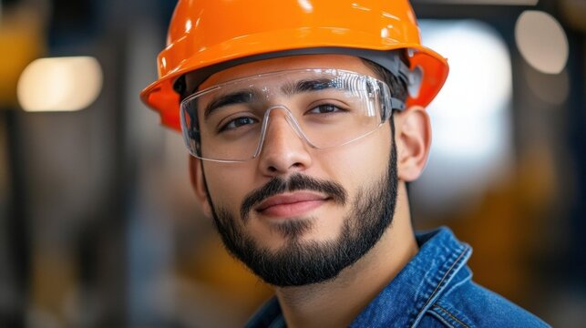 Young Hispanic engineer in hard hat and safety glasses smiling while meeting team of a wearing - Powered by Adobe