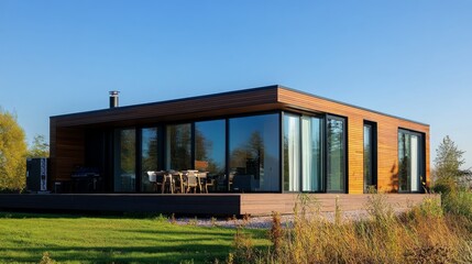 Obraz premium Modern sustainable house with heat pump outside, large glass windows, and clean geometric design under a clear blue sky