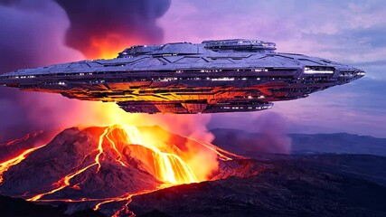 A futuristic spaceship hovers ominously over a volcanic eruption, with fiery lava flowing - Powered by Adobe