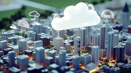 Aerial view of a modern cityscape with digital cloud technology icons representing connectivity - Powered by Adobe