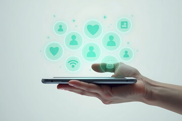 Hand holding smartphone with glowing social media icons and shopping bag