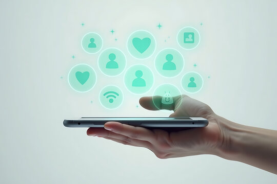 Hand holding smartphone with glowing social media icons and shopping bag