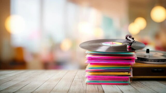 Colorful vinyl records on a wooden table with a record player
