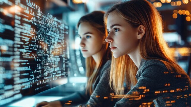 Two women analyzing data on computer screen with complex alphanumeric information. are looking