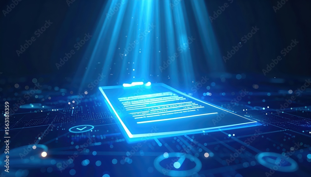 Poster futuristic digital interface with glowing holographic tablet, illuminated data display with technolo