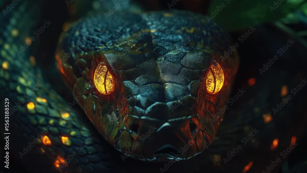 Poster a close-up view of a snake's head with glowing eyes, suitable for use in scenes depicting reptiles o