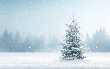 A serene winter night landscape with snow-covered fir trees and a cold, blue sky illustrates the peaceful holiday season