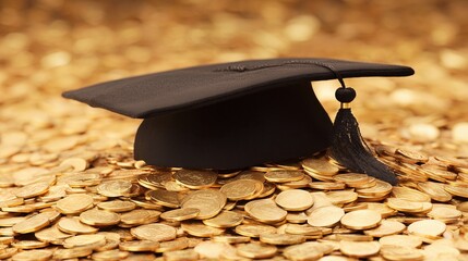 Black graduation cap on shiny golden coins background.
