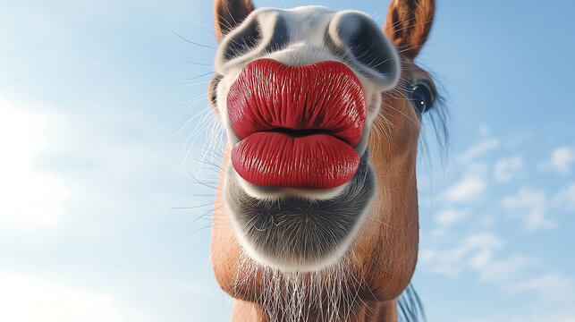 funny thank you kiss card with animals, a horse with red human lips