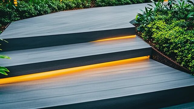 Gray composite outdoor stairs with yellow LED lighting