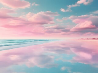 Obraz premium Dreamy Cotton Candy Sky over Pastel Shoreline in Reflective Beach Background