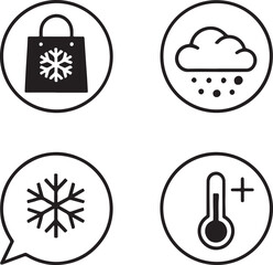 Vector Graphics Depicting Winter Elements Shopping and Weather Related Images Featuring Snowflakes and Temperature Plus Sign in Circles